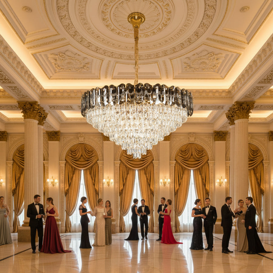 Candelabru Cristal AURUM Regalis 22xE14, Diametru 80cm, Inaltime 55cm, Auriu Lucios, Inaltime Reglabila, Design Elegant