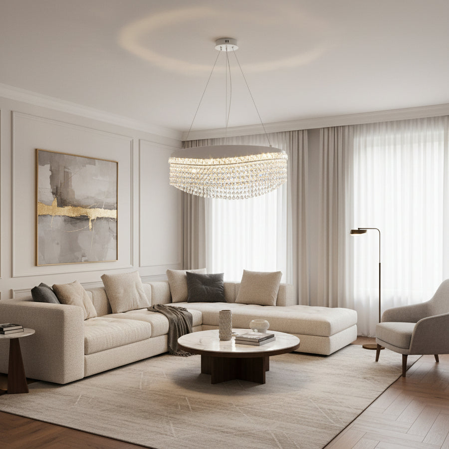 Candelabru Cristal VOLNA Eleganza, 102W, D50cm, Lumina Calda/Neutra/Rece, Alb, Metal si Cristal