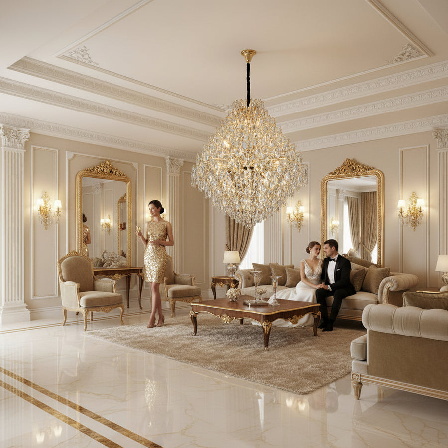 Candelabru Cristal KONIG Supremo, 24xE14, D100 cm, Auriu, Inaltime Reglabila, Metal si Cristal