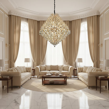 Candelabru Cristal KONIG Grande, 32xE14, D120 cm, Auriu, Inaltime Reglabila, Metal si Cristal