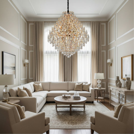 Candelabru Cristal KONIG Regalis, 15xE14, D80 cm, Auriu, Inaltime Reglabila, Metal si Cristal