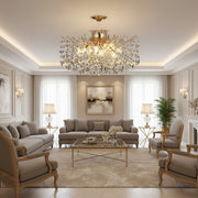 Candelabru Cristal PROWES Regalis, 14xE14, D80 cm, Auriu, Inaltime Reglabila, Metal si Cristal