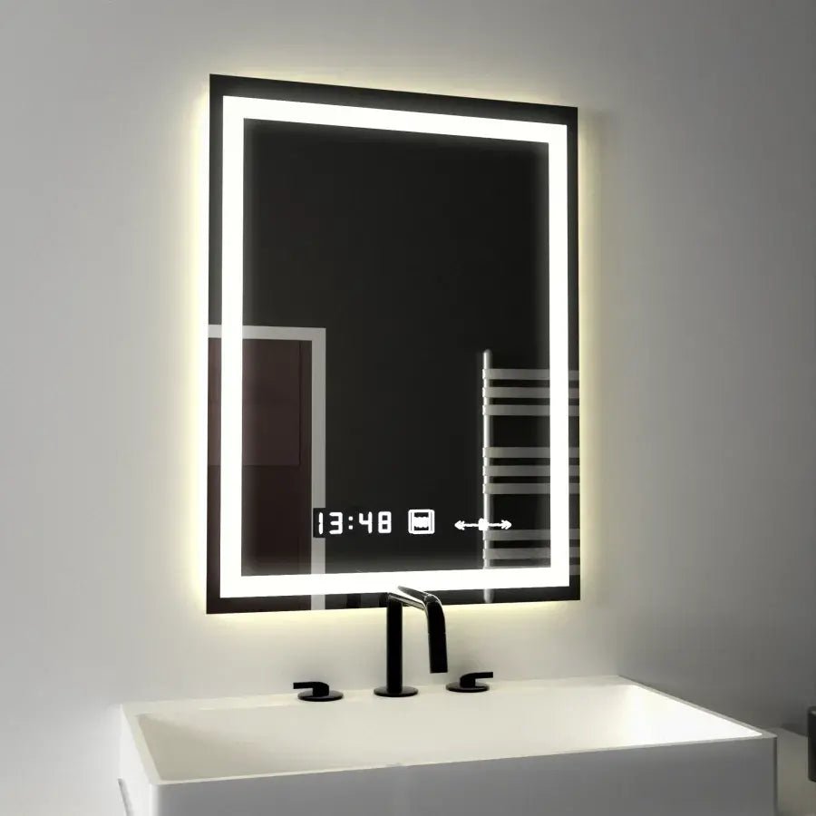 Négyszögletű LED tükör, 45x60 cm, Verite MotionGlow Marcello, páramentesítő rendszer, óra és hőmérő, szabályozható tükrök Marcello alapértelmezett cím Alessandro Design