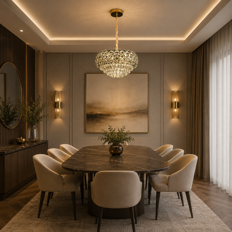 Candelabru Cristal BANO Eleganza, 60W, 7xE14,  Inaltime Reglabila, Metal si Cristal, Auriu