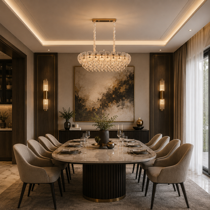 Candelabru Cristal DONNO Supremo, 90x34cm, 11xE14, Inaltime Reglabila, Metal si Cristal, Auriu