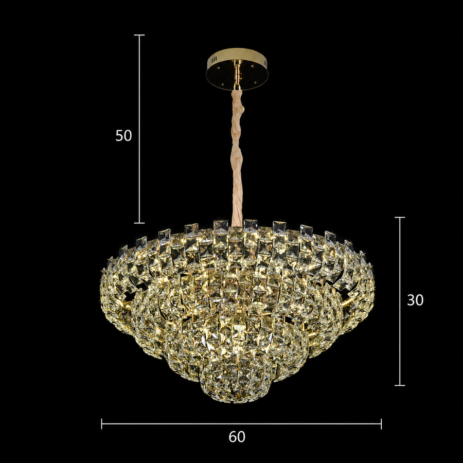 Candelabru Cristal HERT Magno, 70W, 6xE14,  Inaltime Reglabila, Metal si Cristal, Auriu