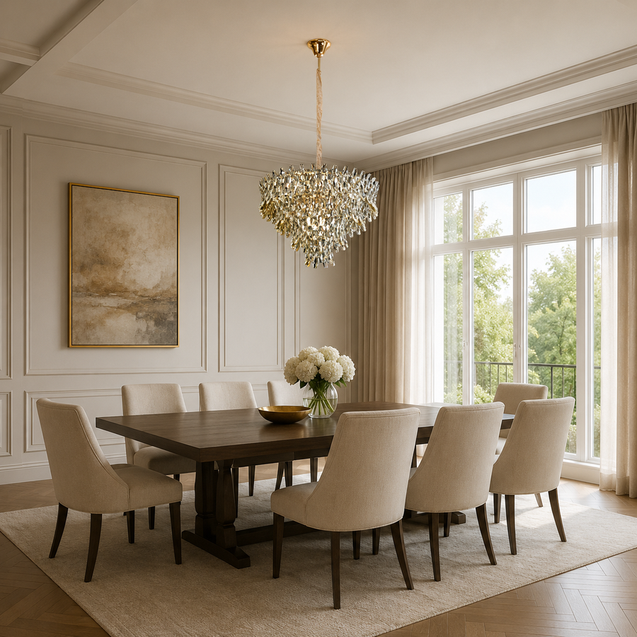 Candelabru Cristal KRAN Magno, 12xE14, Inaltime Reglabila, Metal si Cristal, Auriu