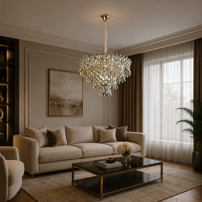 Candelabru Cristal KRAN Magno, 12xE14, Inaltime Reglabila, Metal si Cristal, Auriu