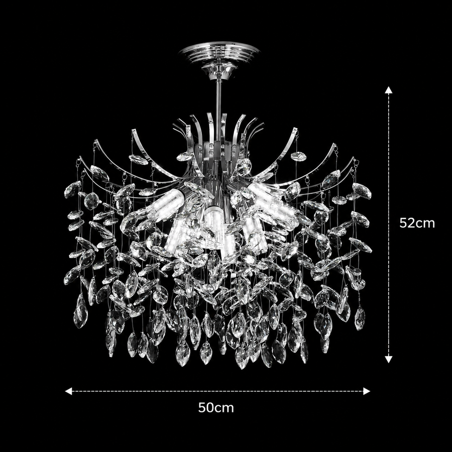 Candelabru Cristal PROWES Eleganza, 8xE14, D50 cm, Crom Lucios, Inaltime Reglabila, Metal si Cristal