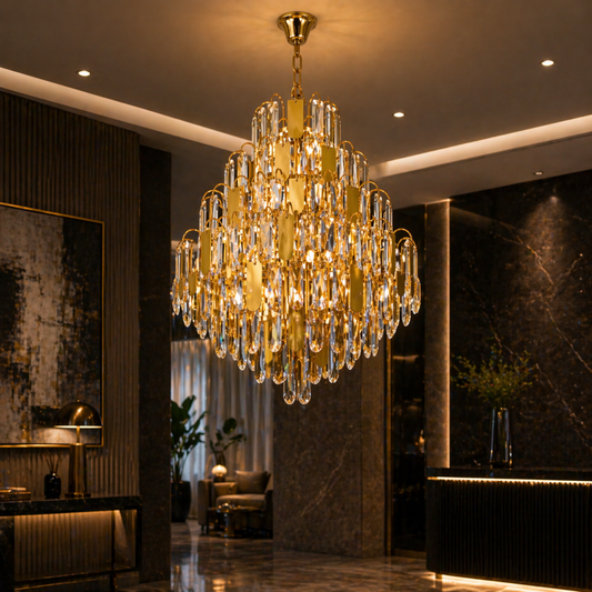 Candelabru Cristal TIER Nobile 8xE14, D40 cm, Auriu, Inaltime Reglabila, Metal si Cristal Candelabre Cristal Default Title Alessandro Design