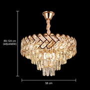 Candelabru Cristal VECTOR Magno 8xE14, Diametru 58cm, Auriu Lucios, Inaltime Reglabila, Metal si Cristal
