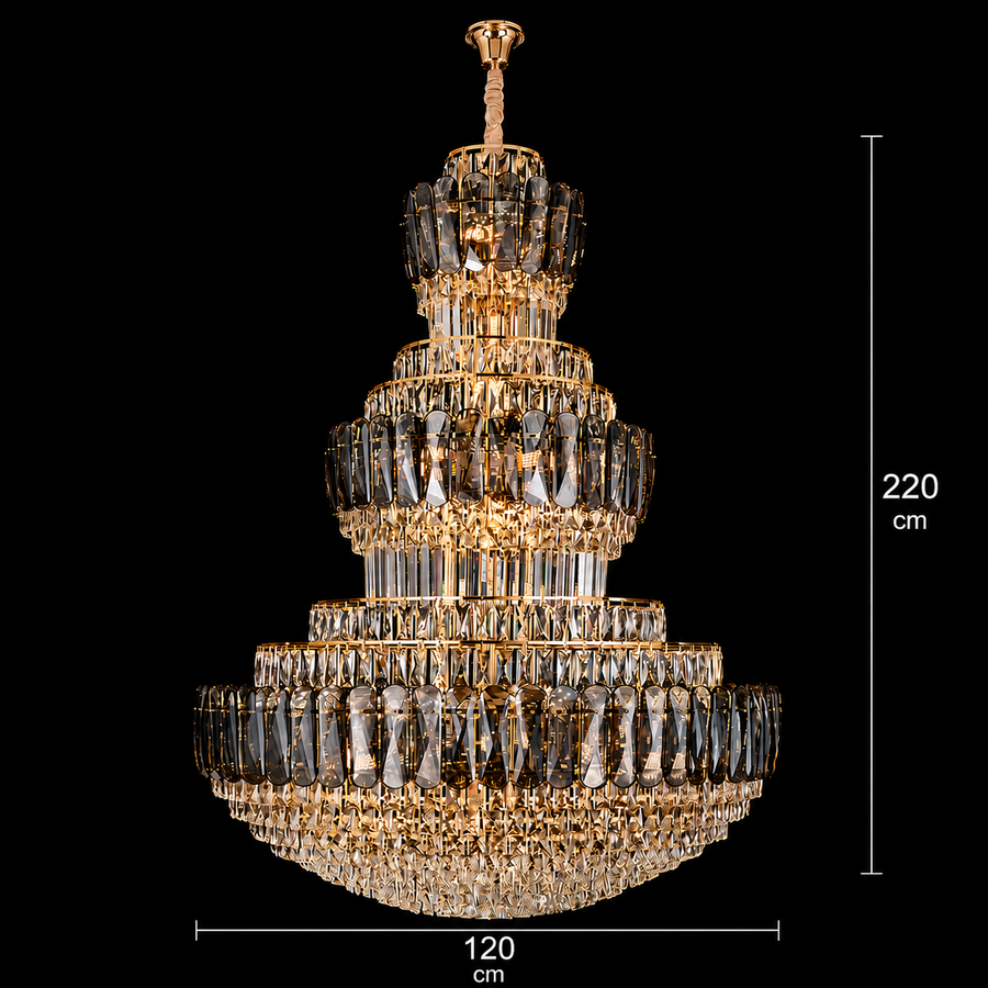 Candelabru Cristal VELIOR Grande 49xE14, D120 cm, Auriu, Inaltime Reglabila, Metal si Cristal