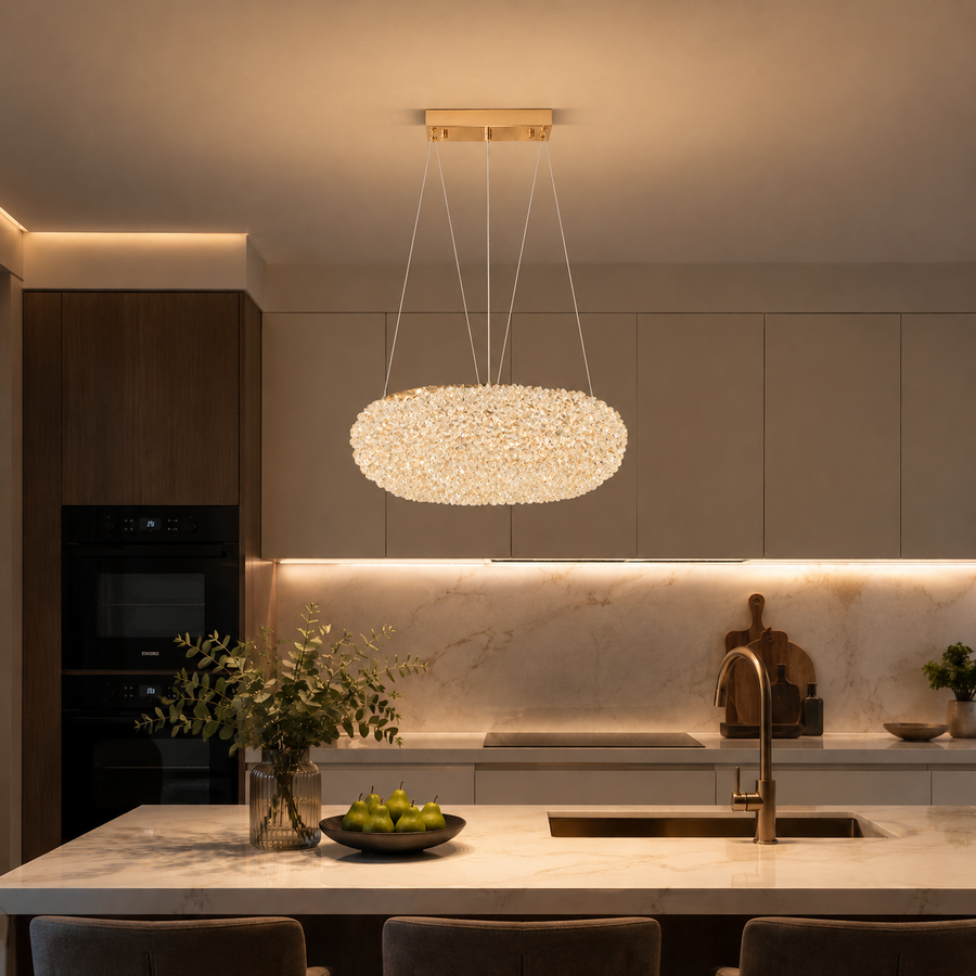 Candelabru Modern cu Cristal, Telecomanda, PRUGU, 42W, Lumina Calda/Neutra/Rece, Lungime 35 cm, Auriu, Inaltime reglabila