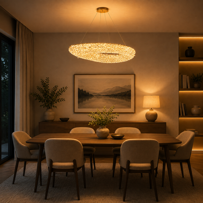 Candelabru Modern cu Cristal, Telecomanda, PRUGU, 65W, Lumina Calda/Neutra/Rece, Lungime 35 cm, Auriu, Inaltime reglabila