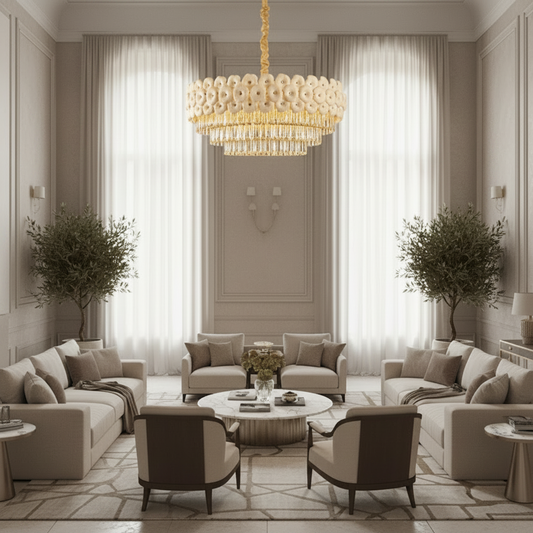 Candelabru Cristal PETAL Regalis 15xE14, D80 cm, Auriu, Inaltime Reglabila, Metal si Cristal