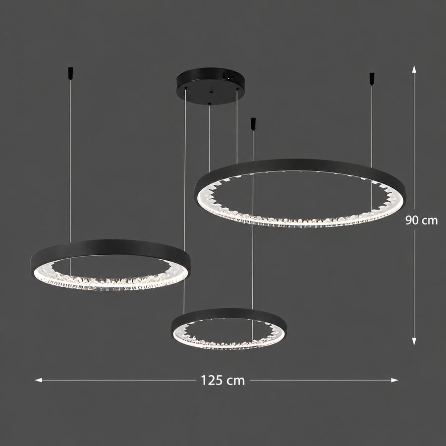 LED -csillár, távirányítóval, K9 kristályokkal, 80W, 3 kör, hideg/forró/semleges fény, instabil, fekete, állítható magasság