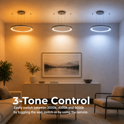 LED -csillár, távirányítóval, K9 kristályokkal, 80W, 3 kör, hideg/forró/semleges fény, instabil, fekete, állítható magasság
