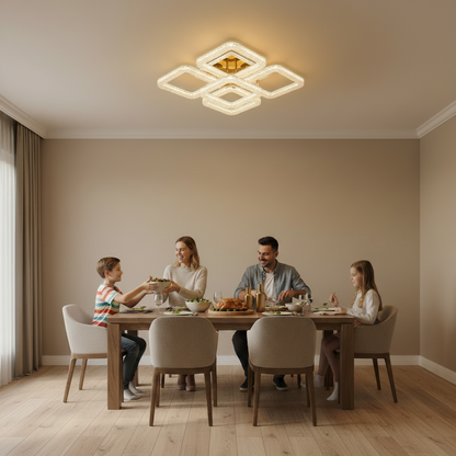 Lustra LED RENATO Magno cu telecomanda si cristal,  118W, 5 Patrate, Lumina Rece/Calda/Neutra, Dimabila, Auriu