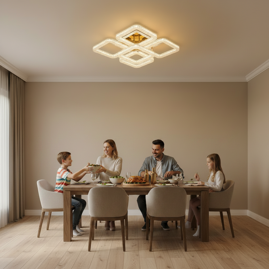 Lustra LED RENATO Magno cu telecomanda si cristal,  118W, 5 Patrate, Lumina Rece/Calda/Neutra, Dimabila, Auriu