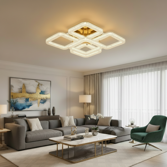 Lustra LED RENATO Magno cu telecomanda si cristal,  118W, 5 Patrate, Lumina Rece/Calda/Neutra, Dimabila, Auriu