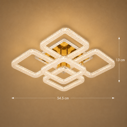 Lustra LED RENATO Magno cu telecomanda si cristal,  118W, 5 Patrate, Lumina Rece/Calda/Neutra, Dimabila, Auriu