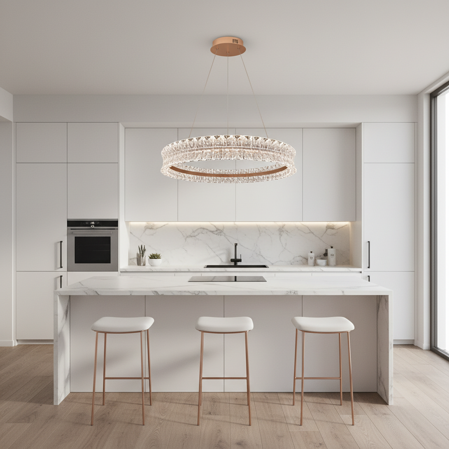 Lustra LED Cristal cu telecomanda, 49W, Lumina Calda/Neutra/Rece, Φ40 cm, Inaltime Reglabila, Metal si Cristal, Auriu