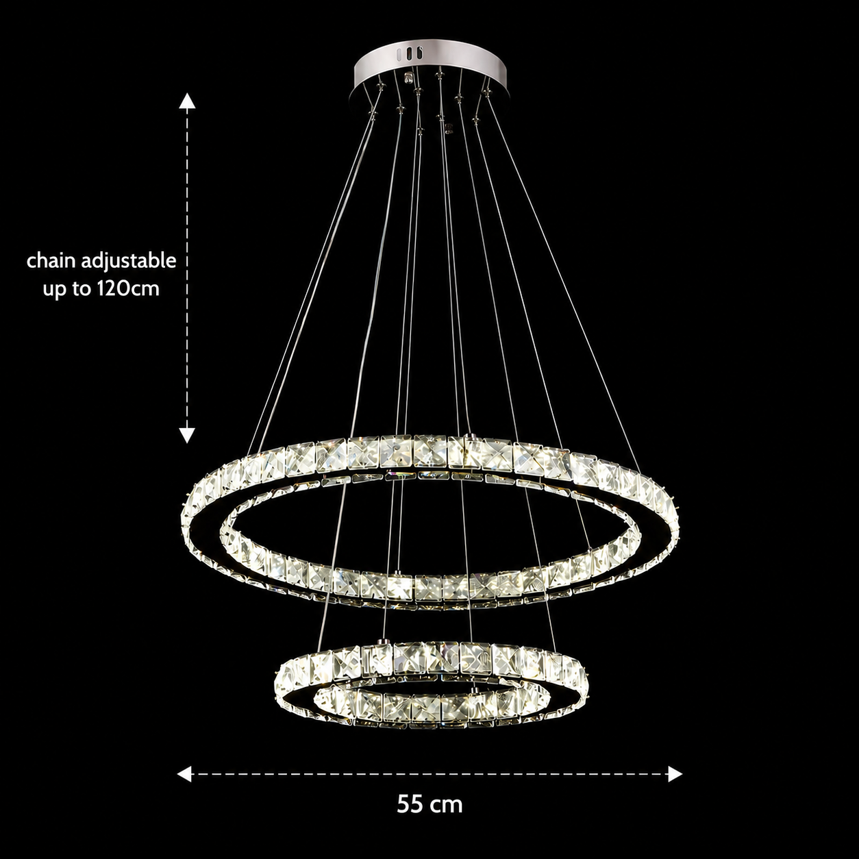 LED csillár távirányítóval és kristály PRISM LUMINIS 58W, 2 kör, hideg/meleg/semleges fény, szabályozható, króm és fehér, állítható magasságú LED csillárok távirányítóval Alapértelmezett cím Alessandro Design