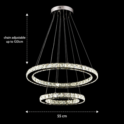 LED csillár távirányítóval és kristály PRISM LUMINIS 58W, 2 kör, hideg/meleg/semleges fény, szabályozható, króm és fehér, állítható magasságú LED csillárok távirányítóval Alapértelmezett cím Alessandro Design