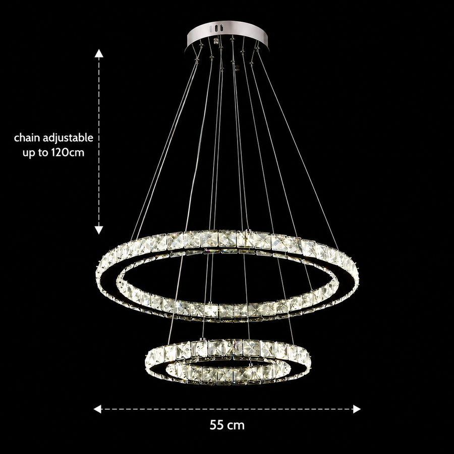 LED csillár távirányítóval és kristály PRISM LUMINIS 58W, 2 kör, hideg/meleg/semleges fény, szabályozható, króm és fehér, állítható magasságú LED csillárok távirányítóval Alapértelmezett cím Alessandro Design