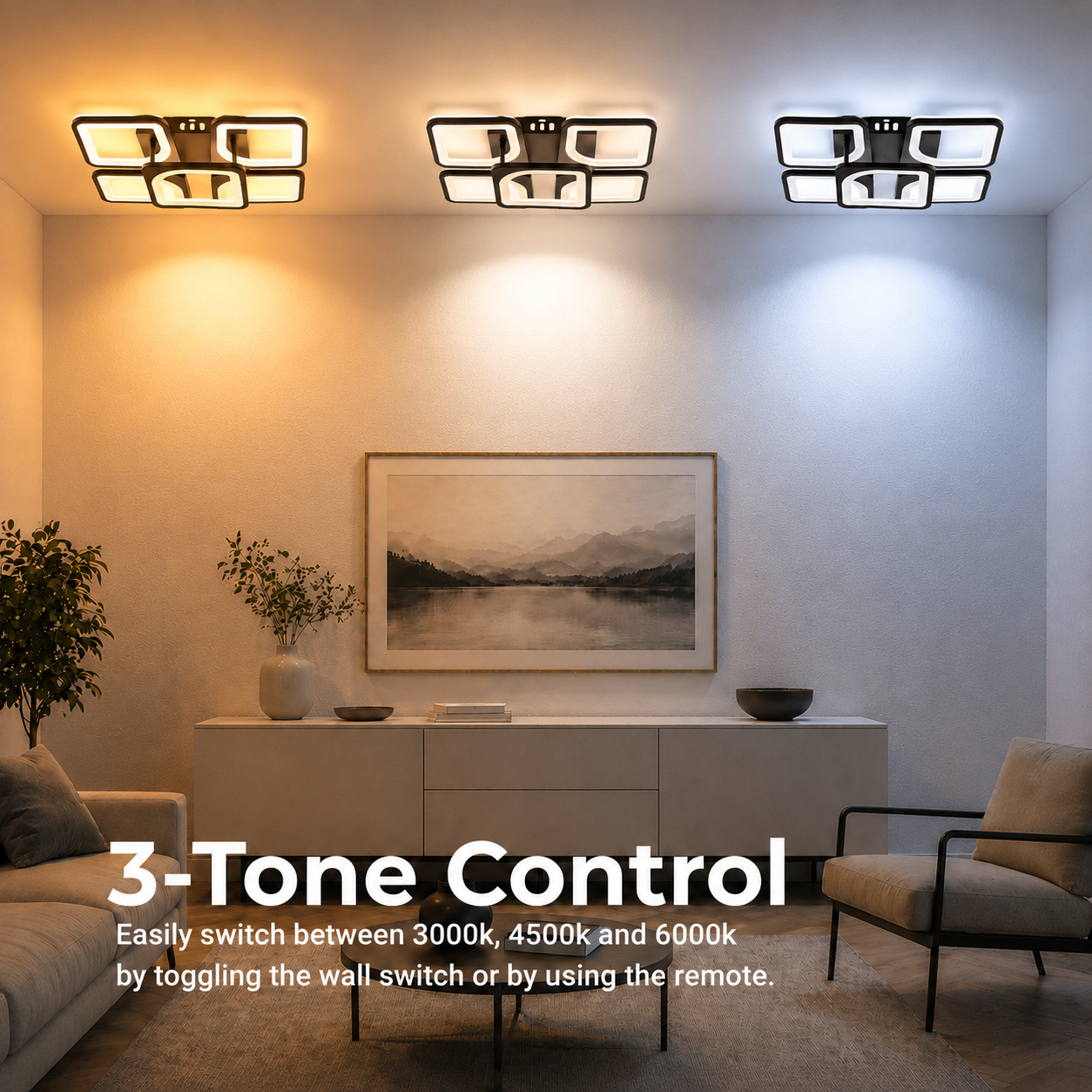 LED-es csillár távirányítóval ZOE 65W, 5 négyzet, hideg/meleg/semleges fény, szabályozható, fekete LED-es csillárok távirányítóval Alapértelmezett cím Alessandro Design