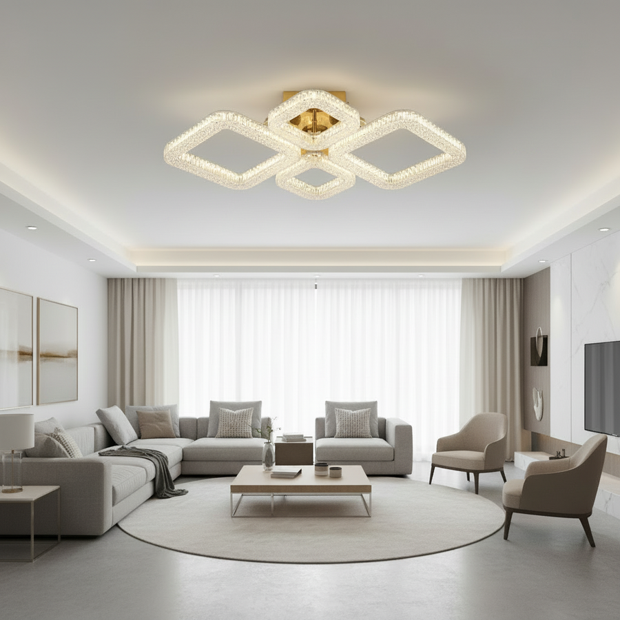 Lustra LED RENATO Eleganza cu telecomanda si cristal, 73W, 4 Patrate, Lumina Rece/Calda/Neutra, Dimabila, Auriu