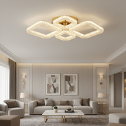 Lustra LED RENATO Eleganza cu telecomanda si cristal, 73W, 4 Patrate, Lumina Rece/Calda/Neutra, Dimabila, Auriu