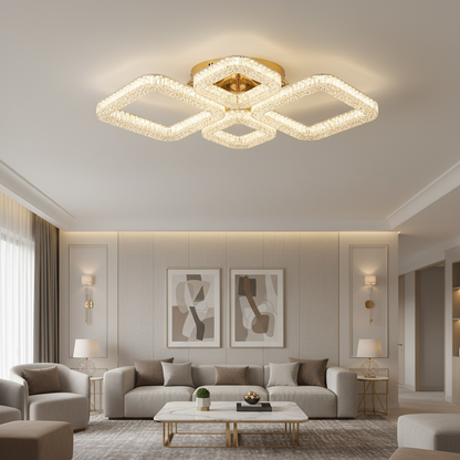 Lustra LED RENATO Eleganza cu telecomanda si cristal, 73W, 4 Patrate, Lumina Rece/Calda/Neutra, Dimabila, Auriu