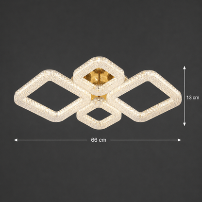 Lustra LED RENATO Eleganza cu telecomanda si cristal, 73W, 4 Patrate, Lumina Rece/Calda/Neutra, Dimabila, Auriu