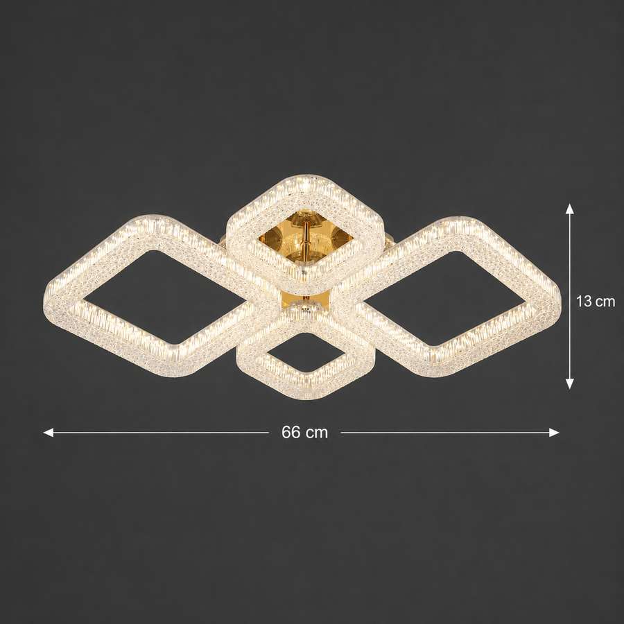 Lustra LED RENATO Eleganza cu telecomanda si cristal, 73W, 4 Patrate, Lumina Rece/Calda/Neutra, Dimabila, Auriu
