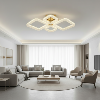 Lustra LED RENATO Eleganza cu telecomanda si cristal, 73W, 4 Patrate, Lumina Rece/Calda/Neutra, Dimabila, Auriu
