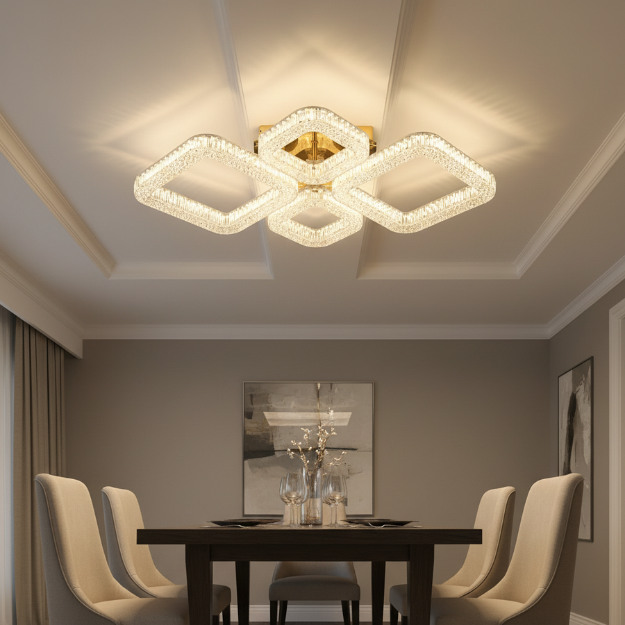 Lustra LED RENATO Eleganza cu telecomanda si cristal, 73W, 4 Patrate, Lumina Rece/Calda/Neutra, Dimabila, Auriu
