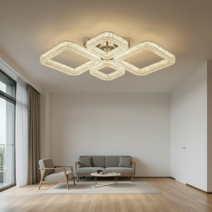 Lustra LED MOND Eleganza cu telecomanda si cristal, 72W, 4 Patrate, Lumina Rece/Calda/Neutra, Dimabila, Alb