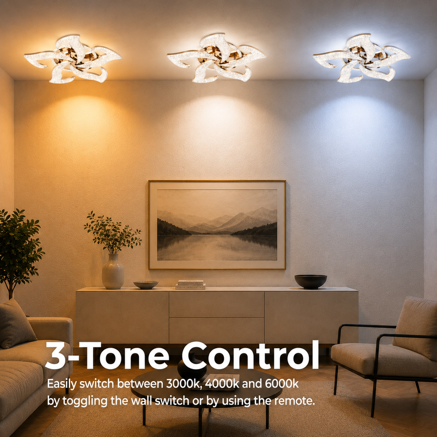 Lustra LED HALESA Magno cu telecomanda si cristal, 66W, 5 Surse, Lumina Rece/Calda/Neutra, Dimabila, Auriu