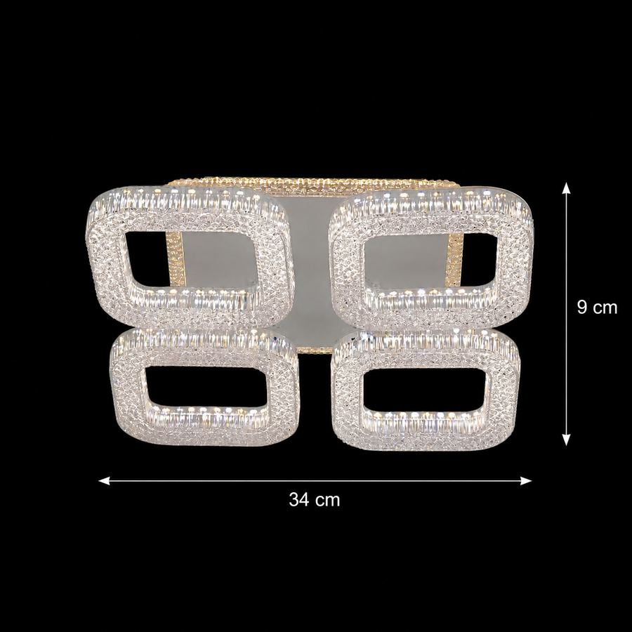 Lustra LED RENATO Nobile cu telecomanda si cristal,  54W, 4 Patrate, Lumina Rece/Calda/Neutra, Dimabila, Alb