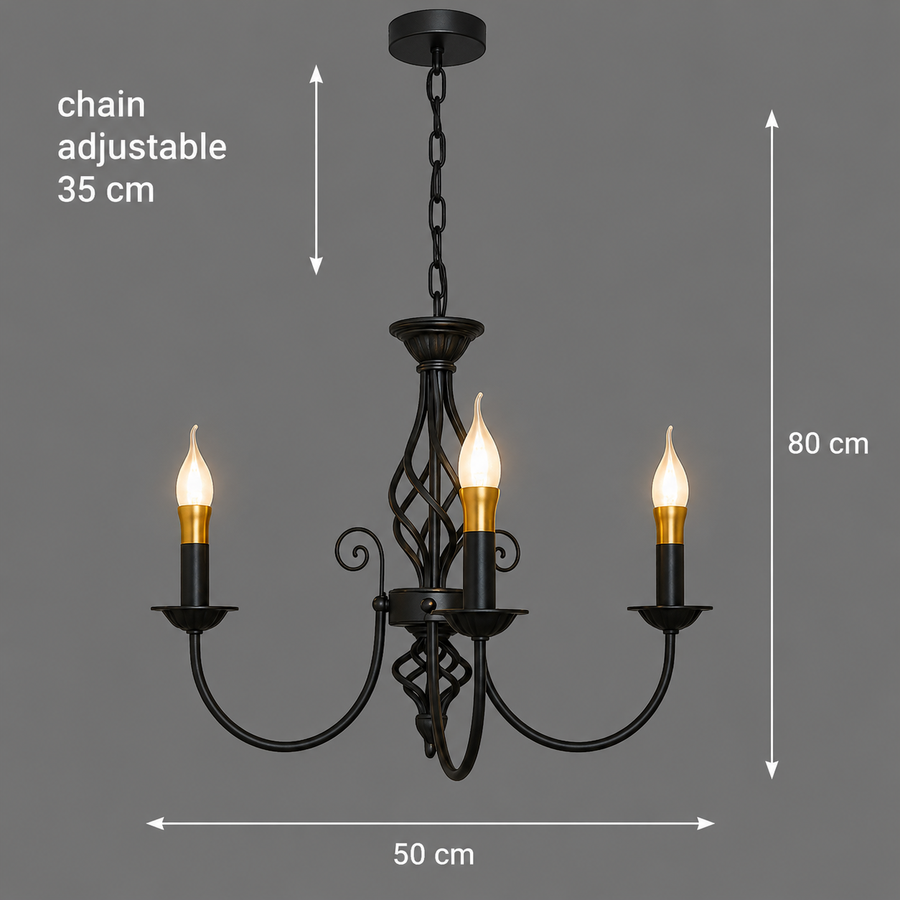 ANJOUX Elegance csillár, 3xE14, átmérő 50 cm, fekete, állítható magasságú, fém