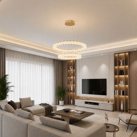 Lustra LED SHELP Cristal cu telecomanda, 64W, Lumina Calda/Neutra/Rece, Φ60 cm, Inaltime Reglabila, Metal si Cristal, Auriu