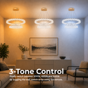 Lustra LED Cristal VENTANA cu telecomanda, 25W, Lumina Calda/Neutra/Rece, Φ39 cm, Inaltime Reglabila, Metal si Cristal, Auriu