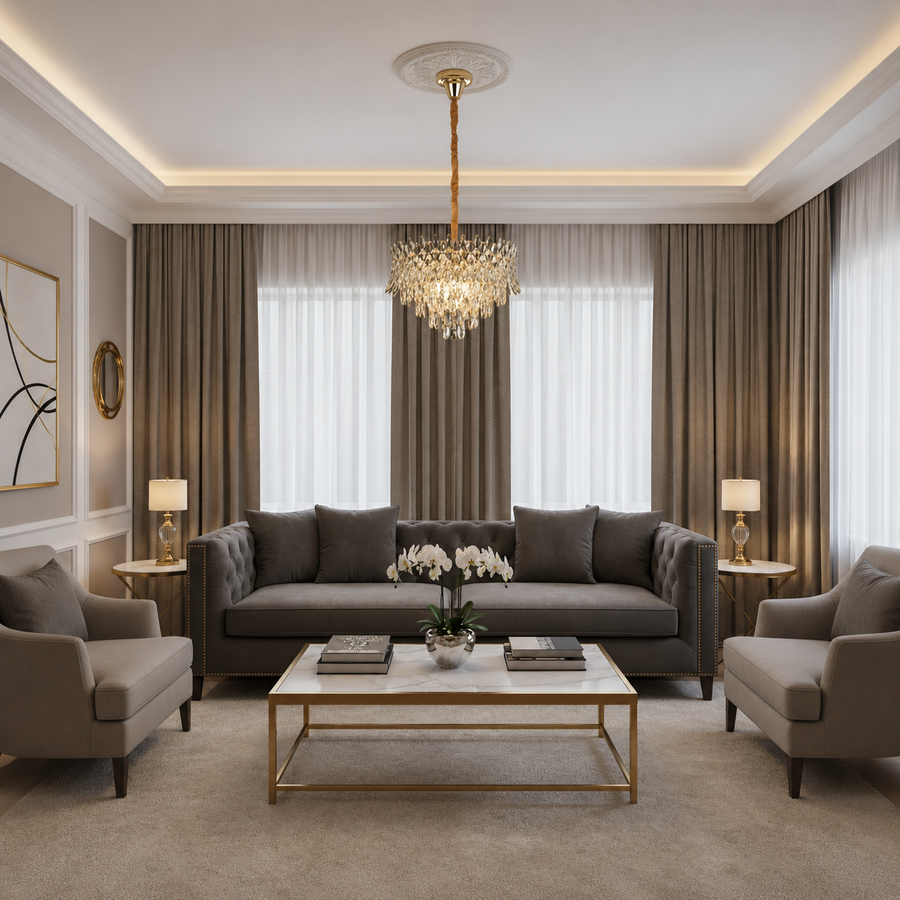 Candelabru Cristal MONARCH Eleganza 3xE14, Diametru 50cm, Inaltime 35cm, Auriu Lucios, Inaltime Reglabila, Design Elegant