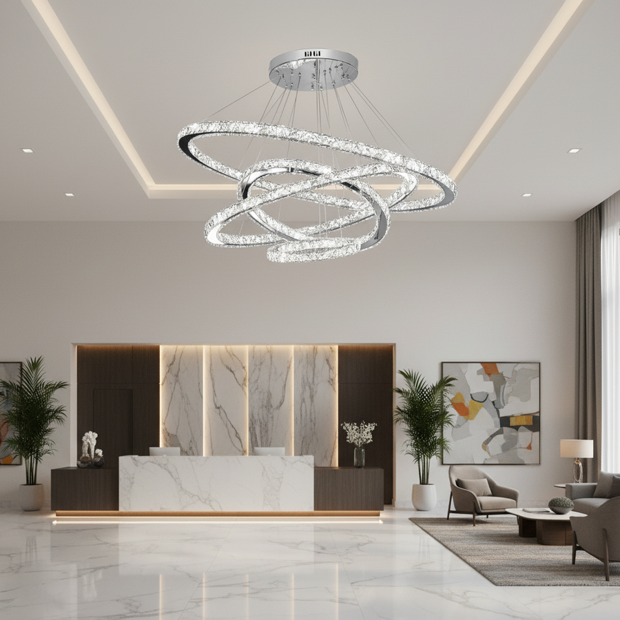 LED csillár PRISM Luminis távirányítóval, kristály és fém, 210 W, 4 kör, szabályozható, hideg/meleg/semleges fény, luxus világítás