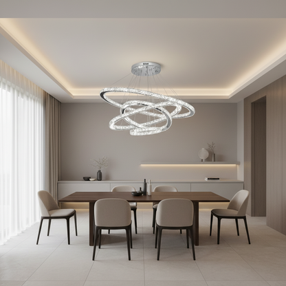 LED csillár PRISM Luminis távirányítóval, kristály és fém, 210 W, 4 kör, szabályozható, hideg/meleg/semleges fény, luxus világítás