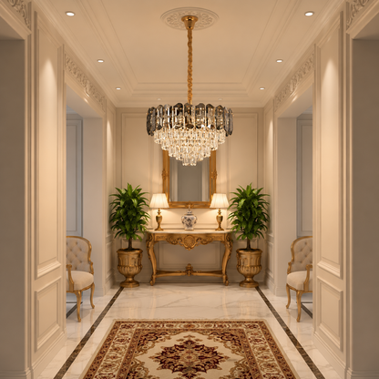 Candelabru Cristal AURUM Petito 3xE14, Diametru 30cm, Inaltime 28cm, Auriu Lucios, Inaltime Reglabila, Design Elegant