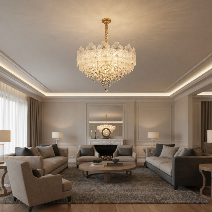 Candelabru Cristal CROWN Regalis 21xE14, Diametru 80cm, Inaltime 45cm, Auriu Lucios, Inaltime Reglabila, Design Elegant Candelabre Cristal Default Title Alessandro Design