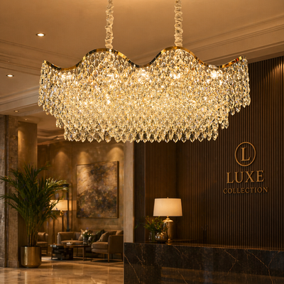 Candelabru Cristal 16xE14 VELOURA Supremo Reale, 120x35 cm, Auriu, Inaltime Reglabila, Metal si Cristal