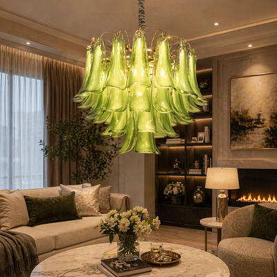 Candelabru Cristal MURANO Eleganza 4xE14, D50 cm, Verde, Inaltime Reglabila, Metal si Cristal
